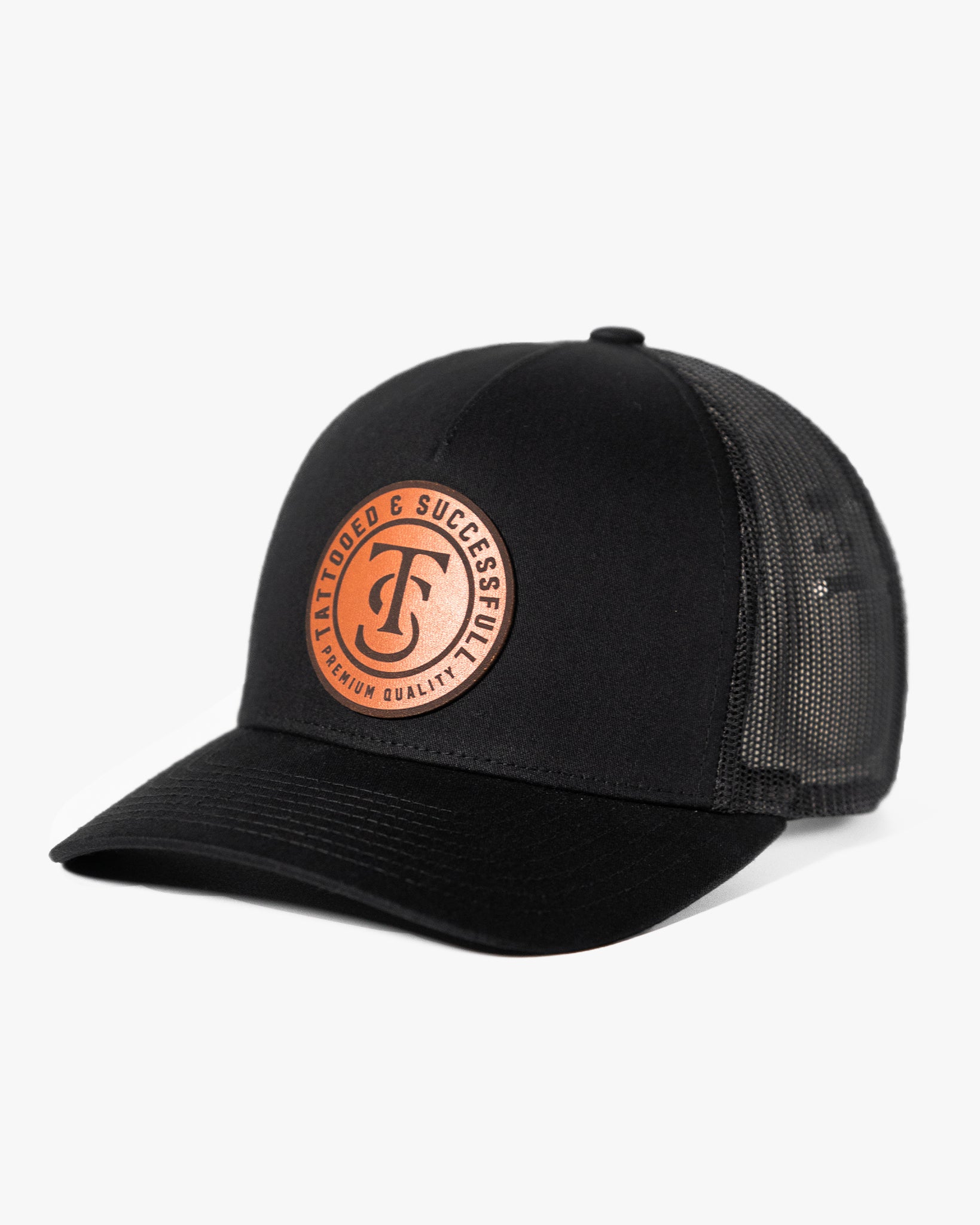 Leather Patch 5 Panel Retro Trucker Hat - Black